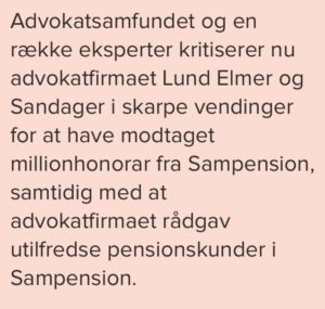 Vil ikke medvirke til at Lund Elmer Sandager Advokater malker jyske bank på million honorar, for at forsøge snyde kunder i jyske bank og lokke med nye rente swaps / rentesikring af nye lån. Både jyske bank og Lund Elmer Sandager ved jo godt det ikke længer er muligt at snyde med forkerte oplysninger om hvad svap rente sikring er, klik på billed og kom på en side med sjovt navn, hjemme siders navne er for at få omtale, da vi ikke mener Lund Elmer Sandager er en forbryder advokat, men bare en advokat der har deres egen love i lovbogen