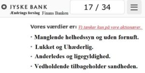 Fundamentet i jyske bank er fyldt med fejl, og urigtige oplysninger, henvise til sagen på www.banknyt.dk lyver jyske bank da det er magtpåliggende for jyske bank at tjene penge til deres aktionær som ATP PFA pension og at jyske bank fremstår som en hæderlig bank og at jyske bank bestemt ikke er nogle bedragerisk bank, her forslag til at ændre tekst i jyske Banks fundament