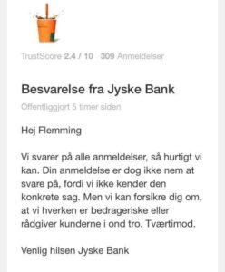 Jyske bank benægter at jyske bank er en bedragerisk bank, som bestemt ikke rådgiver deres kunder i ond tro, men flere hundrede tussende beboere i andels boliger kan næppe tage fejl, eller de mange tussende af landbrugs kunder, som den grønne slagter jyske bank lokkede til rentesikringer / swap eller swaps, jyske bank løj ikke kun om risikoen, men løj også om at der er tale om rente om jyske bank skulle bytte på de underlægende lån.